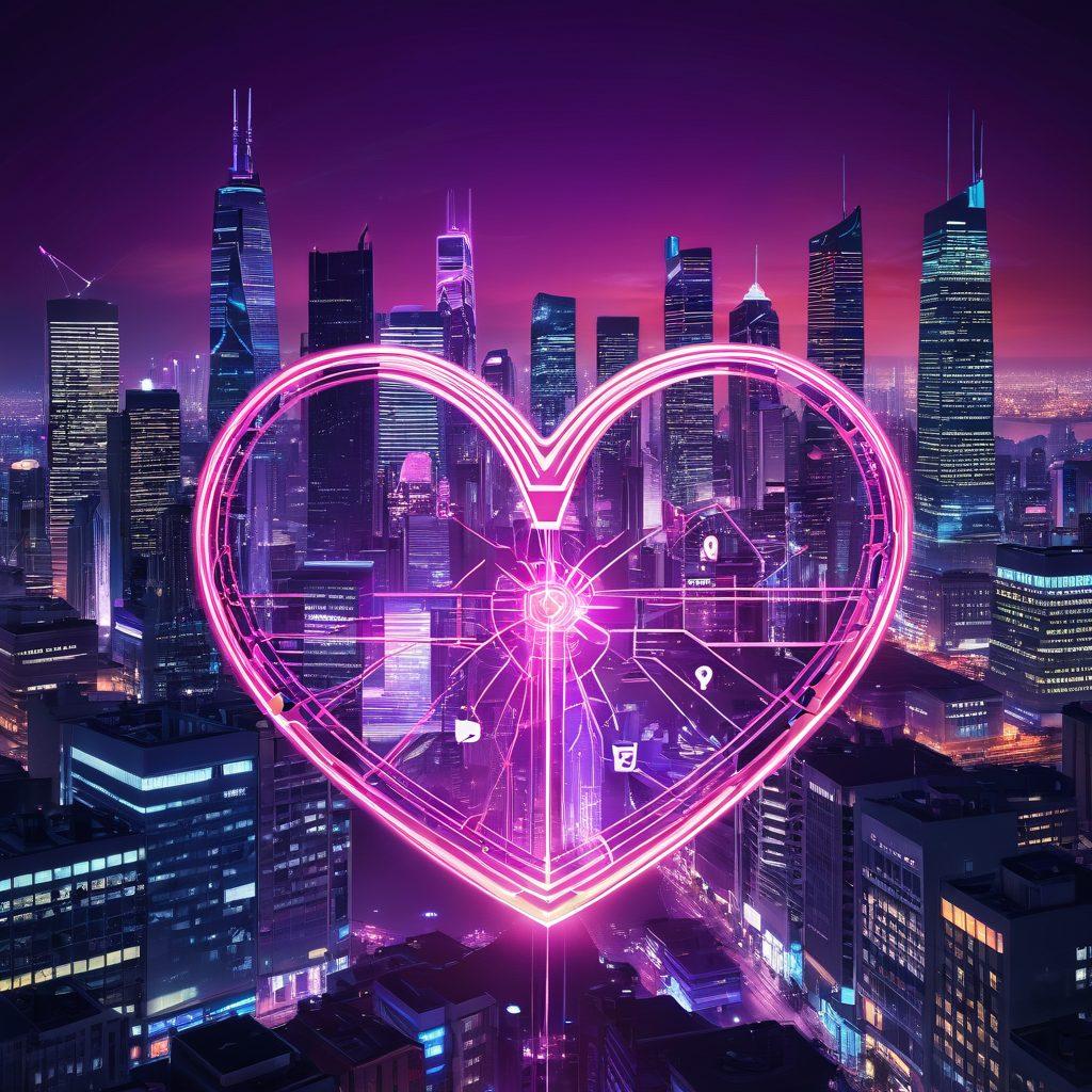 A glowing heart formed by digital connections, with intertwining lines of code and icons symbolizing social media and communication. In the background, a modern city skyline represents the digital landscape, with warm hues of pink and purple to evoke a sense of romance. Include subtle silhouettes of diverse couples connecting through devices, creating a hopeful atmosphere. vibrant colors. cyberpunk.